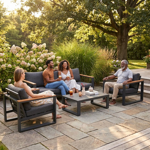 5 Seater Grandeur Outdoor Lounge Suite with Teak Accents | Aluminium Sofa Set Australia