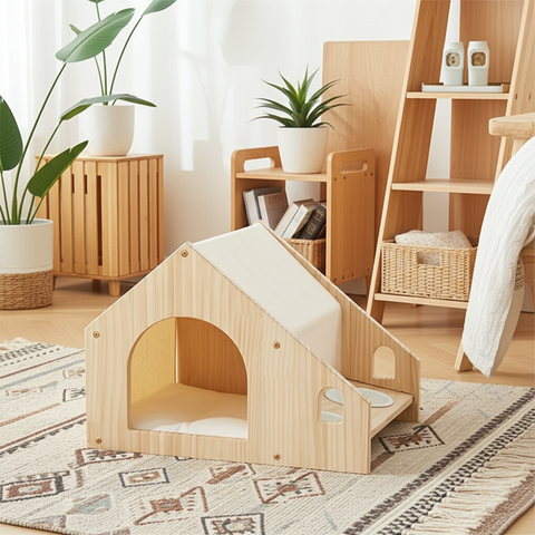 Pet House with Dining Area 55cm | Wood Frame Cat Dog Shelter