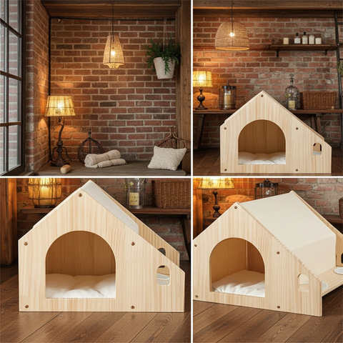 Pet House with Dining Area 55cm | Wood Frame Cat Dog Shelter