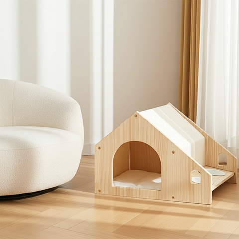 Pet House with Dining Area 55cm | Wood Frame Cat Dog Shelter