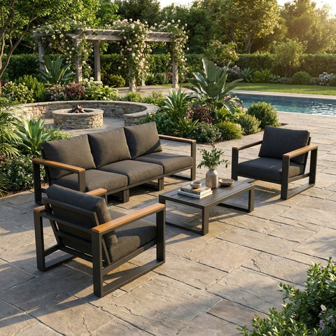 5 Seater Grandeur Outdoor Lounge Suite with Teak Accents | Aluminium Sofa Set Australia