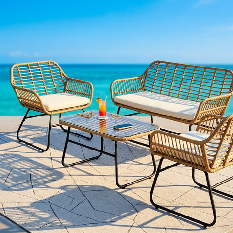 4-Piece Rattan Chair and Table Set with Cushions Modern Outdoor Lounge Set