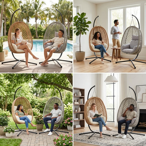 CozyNest Foldable Hanging Egg Chair with Cushion – PE Rattan Outdoor Pod Chair