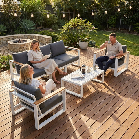 5 Seater Grandeur Outdoor Lounge Suite with Teak Accents | Aluminium Sofa Set Australia