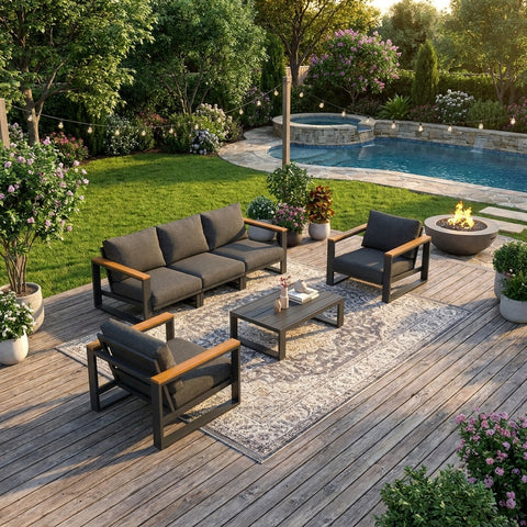 5 Seater Grandeur Outdoor Lounge Suite with Teak Accents | Aluminium Sofa Set Australia