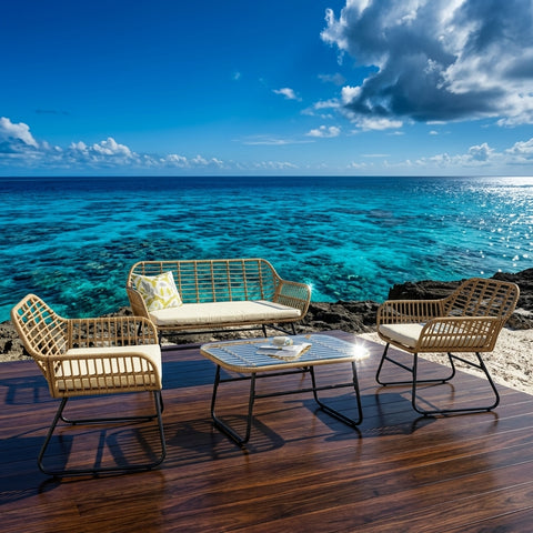 4-Piece Rattan Chair and Table Set with Cushions Modern Outdoor Lounge Set