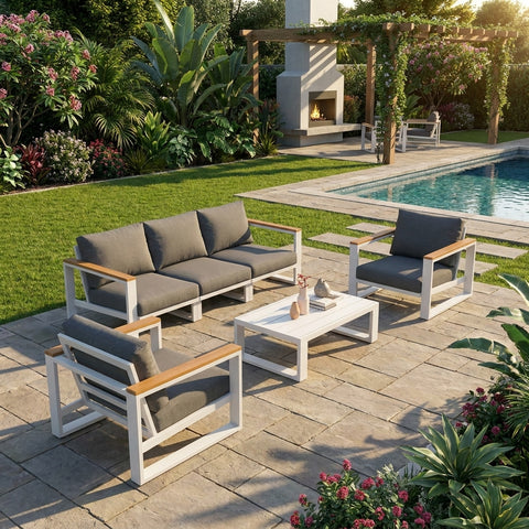 5 Seater Grandeur Outdoor Lounge Suite with Teak Accents | Aluminium Sofa Set Australia