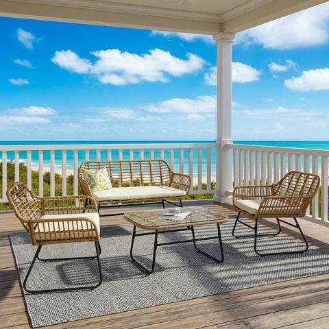 4-Piece Rattan Chair and Table Set with Cushions Modern Outdoor Lounge Set