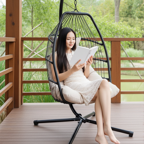 European Foldable Rattan Egg Chair with Cushion image 1