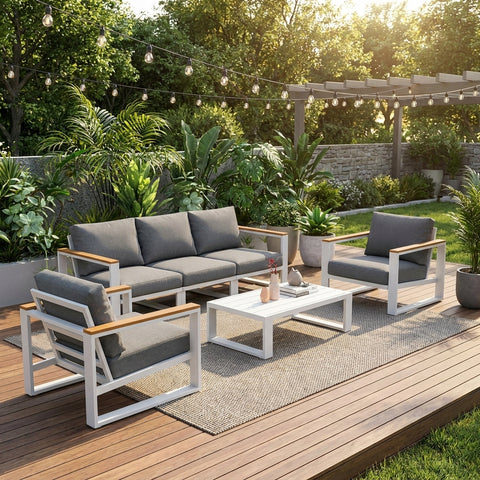 5 Seater Grandeur Outdoor Lounge Suite with Teak Accents | Aluminium Sofa Set Australia