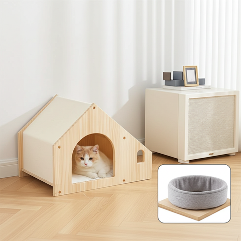 Pet House with Dining Area 55cm | Wood Frame Cat Dog Shelter