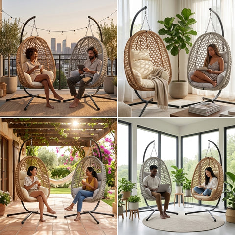 CozyNest Foldable Hanging Egg Chair with Cushion – PE Rattan Outdoor Pod Chair