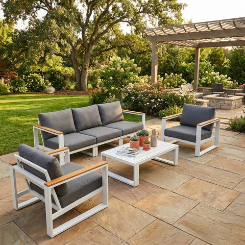 5 Seater Grandeur Outdoor Lounge Suite with Teak Accents | Aluminium Sofa Set Australia