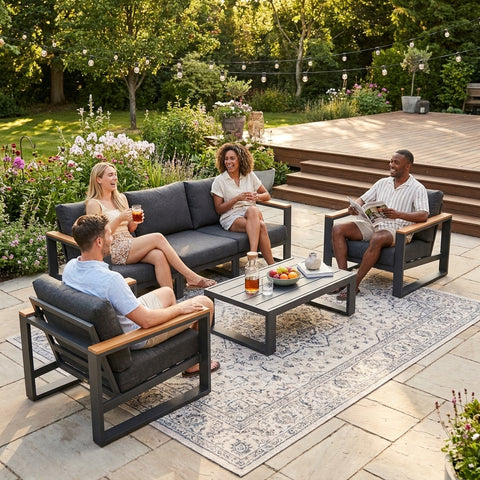 5 Seater Grandeur Outdoor Lounge Suite with Teak Accents | Aluminium Sofa Set Australia