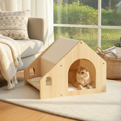 Pet House with Dining Area 55cm | Wood Frame Cat Dog Shelter