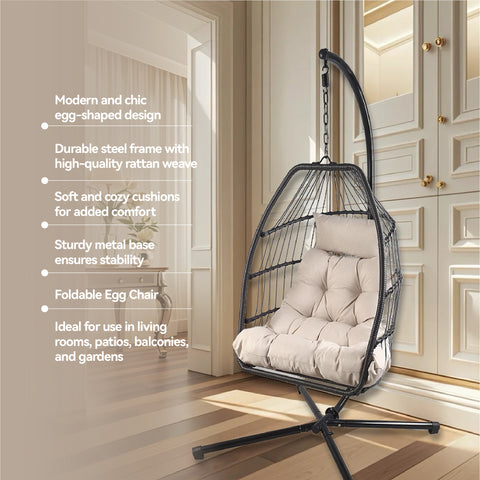 European Foldable Rattan Egg Chair with Cushion image 2