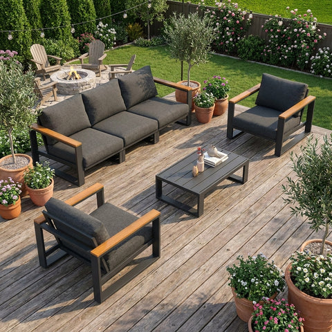 5 Seater Grandeur Outdoor Lounge Suite with Teak Accents | Aluminium Sofa Set Australia
