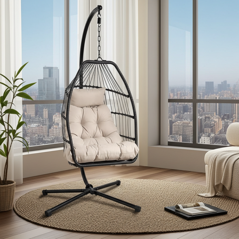 European Foldable Rattan Egg Chair with Cushion image 0