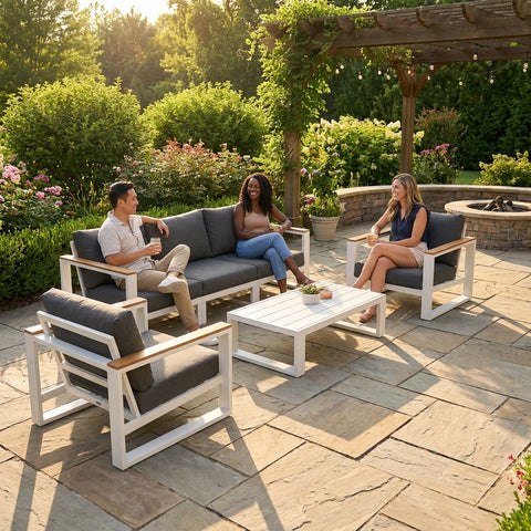 5 Seater Grandeur Outdoor Lounge Suite with Teak Accents | Aluminium Sofa Set Australia