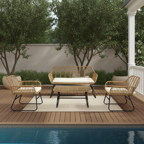 4-Piece Rattan Chair and Table Set with Cushions Modern Outdoor Lounge Set image 6