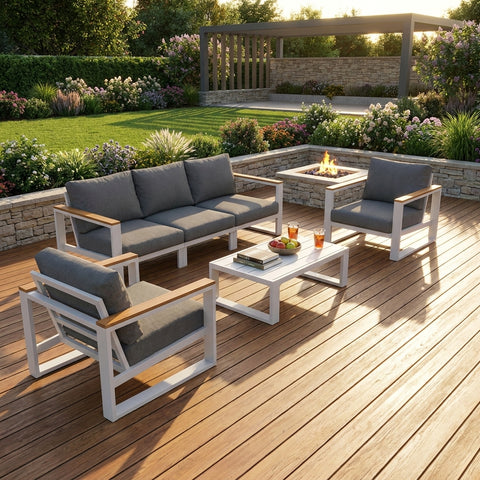 5 Seater Grandeur Outdoor Lounge Suite with Teak Accents | Aluminium Sofa Set Australia