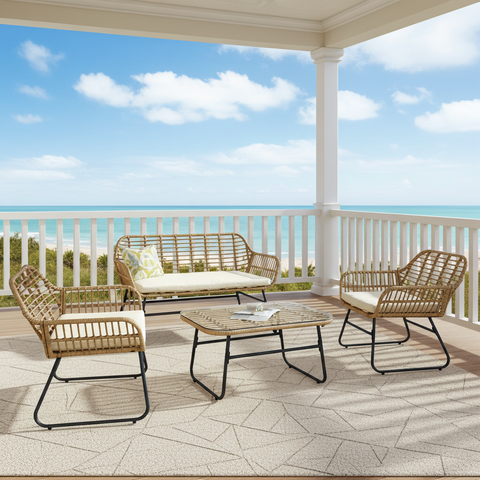 4-Piece Rattan Chair and Table Set with Cushions Modern Outdoor Lounge Set image 0