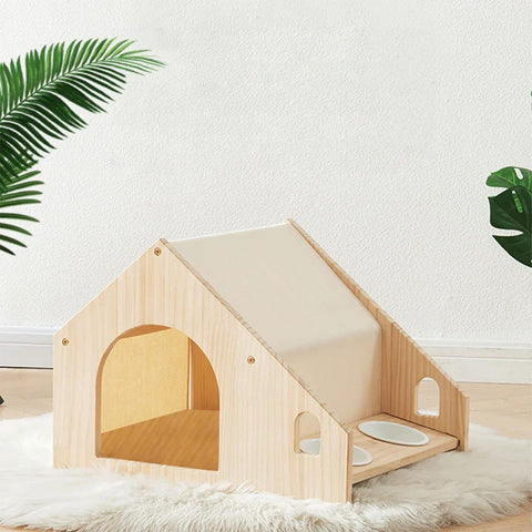 Pet House with Dining Area 55cm | Wood Frame Cat Dog Shelter