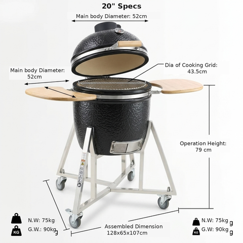 Portable Charcoal Grill 20”-26“ Ceramic BBQ with Cover & Cart