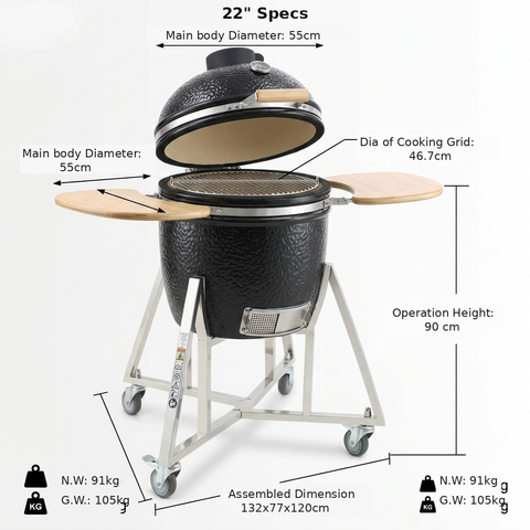 Portable Charcoal Grill 20”-26“ Ceramic BBQ with Cover & Cart