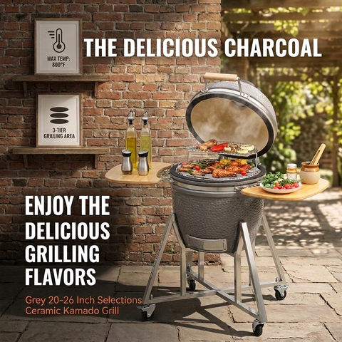 Portable Charcoal Grill 20”-26“ Ceramic BBQ with Cover & Cart
