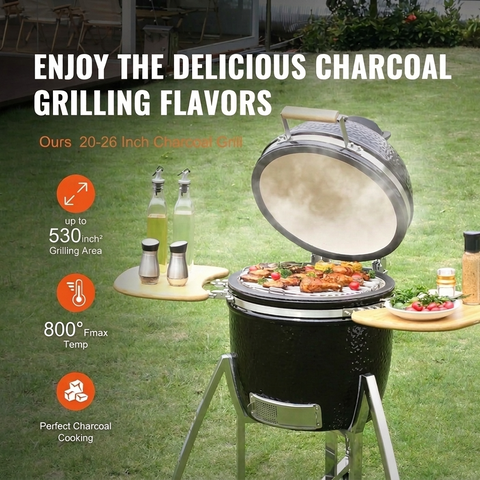 Portable Charcoal Grill 20”-26“ Ceramic BBQ with Cover & Cart